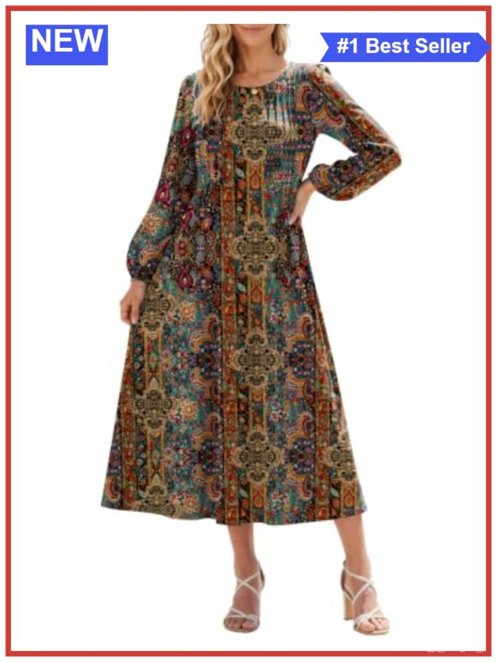 Long Sleeve Midi Pleated A-Line Dress with Pockets for Women